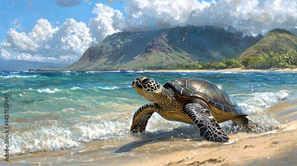 Obraz premium Beautiful sea turtle swimming near the sandy beach with a mountainous landscape and blue sky with white clouds in the background