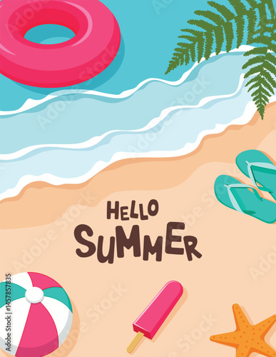 Hello summer beach clipart poster. Summer greeting text in seaside beach background clip art for sunny day, postcard template with tropical elements vector illustration.