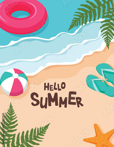 Hello summer beach clipart poster. Summer greeting text in seaside beach background clip art for sunny day, postcard template with tropical elements vector illustration.
