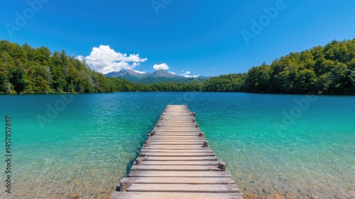 Wallpaper Mural Serene Lake Scene with Wooden Pier Under Blue Sky and Green Trees Torontodigital.ca