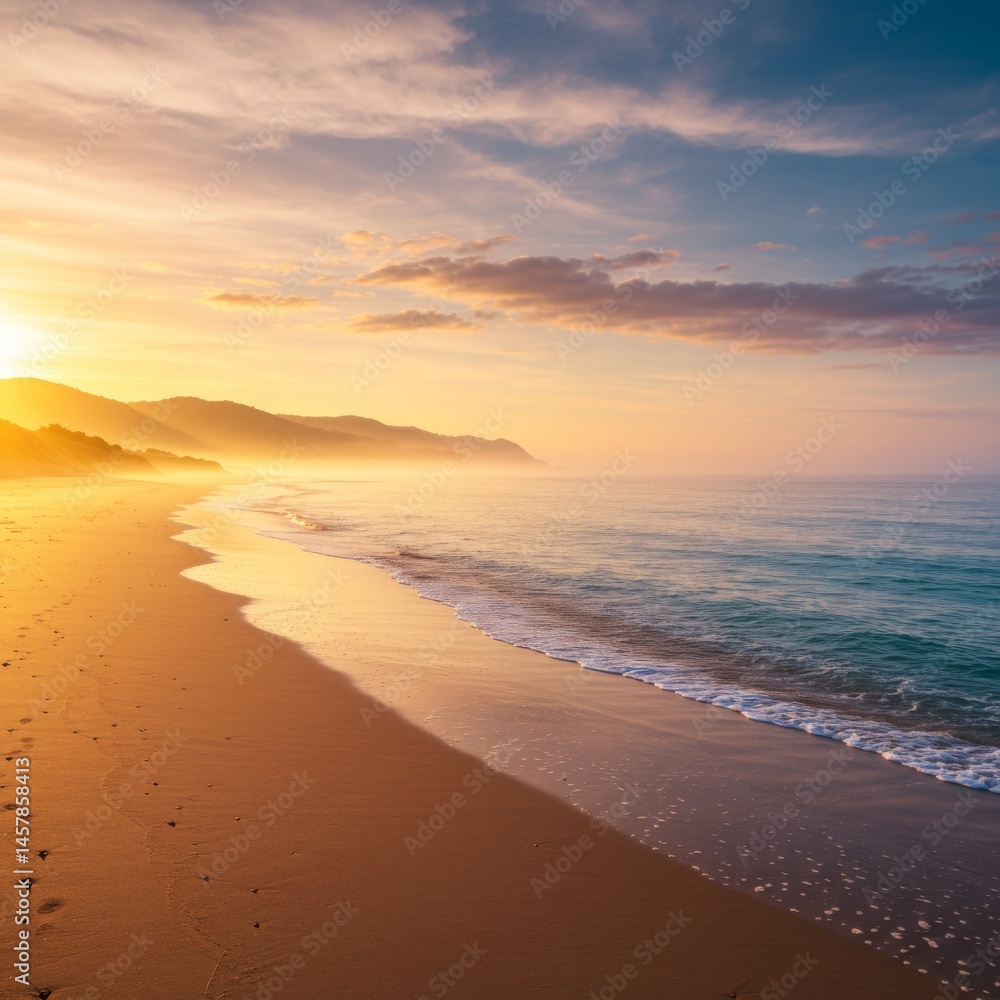 Obraz premium Sunset Beach Landscape: Golden Sky, Tranquil Ocean