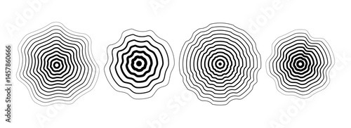 Black concentric rippled circle set. Dotted and dashed round sound wave collection. Epicenter, target, radar, sonar icon concept. Vector ripple halftone radial radio signal or vibration element pack
