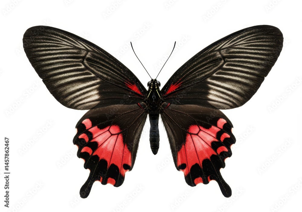 Fototapeta premium Isolated crimson rose butterfly with open wings on white background, studio shot