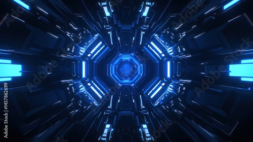 Fototapeta Naklejka Na Ścianę i Meble -  Glowing blue light tunnel octagon futuristic corridor
