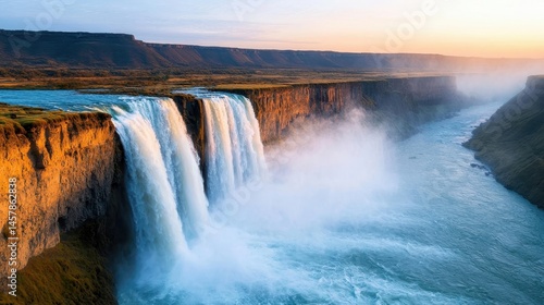 Majestic Waterfall Cascading into River at Sunrise in Nature Landscape