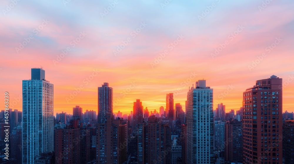 Fototapeta premium Stunning Cityscape at Sunset with Vibrant Colors and Urban Skyline
