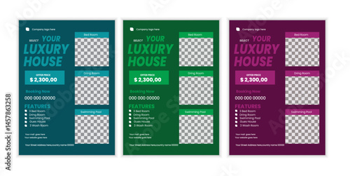  a bundle of 3 templates house sale flyer design, in blue color, and modern design,marketing,medical proposal, promotion, advertise, publication and editable vector template design.