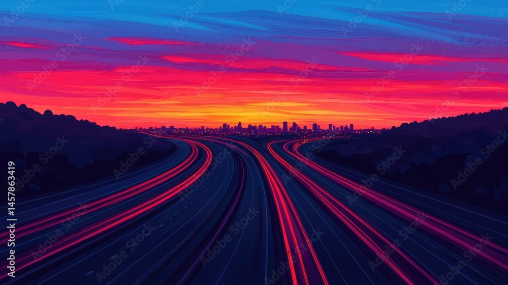 Vibrant Sunset Over Urban Highway with Flowing Light Trails Vibrant Sunset Over Urban Highway with Flowing Light Trails