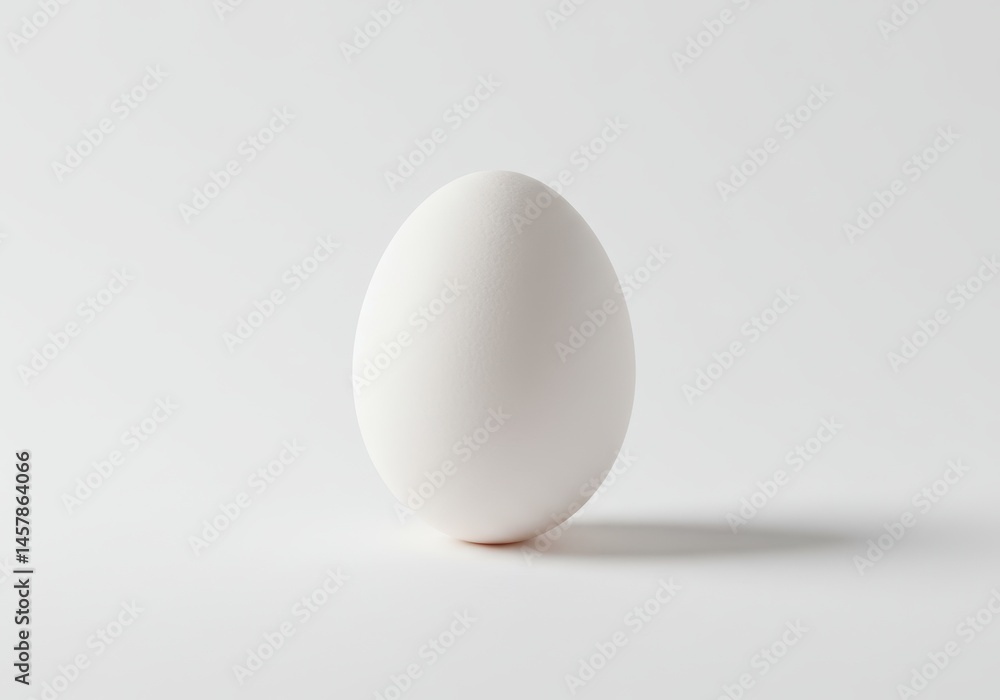 Single white egg stands upright casting soft shadow on a white surface Single white egg stands upright casting soft shadow on a white surface