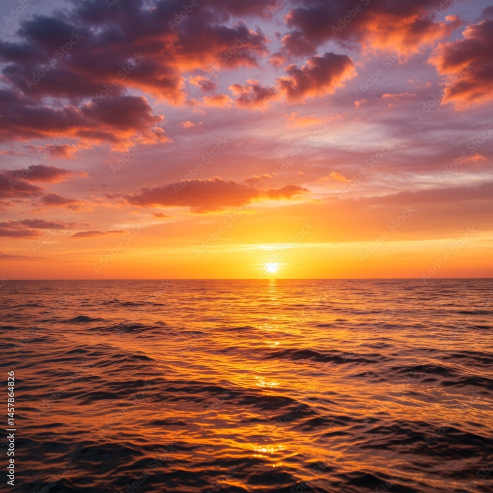 Fototapeta premium Vibrant Orange Sunset Over Calm Ocean Water