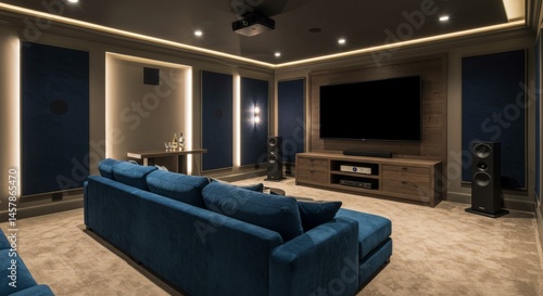 Modern Home Theater with Blue Sofa and Wood Accents