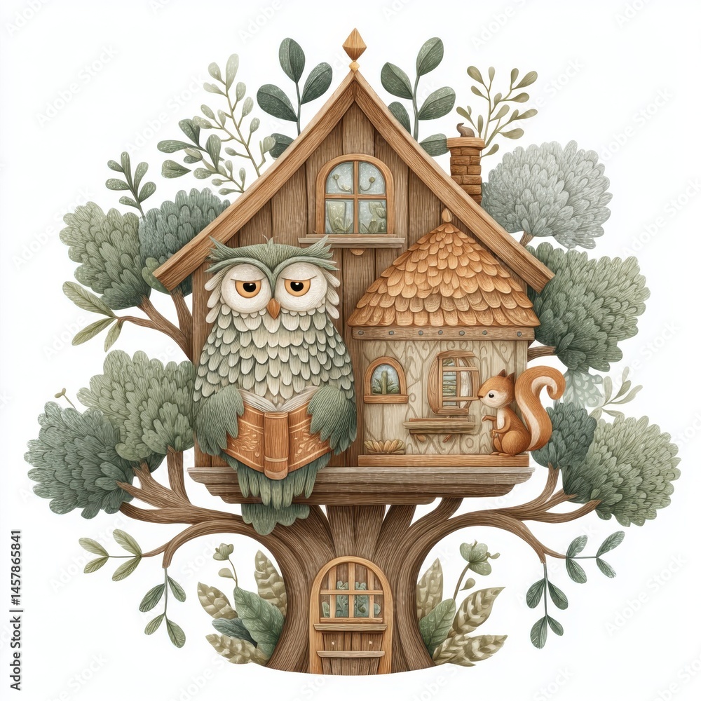 Fototapeta premium Whimsical Owl and Squirrel in Treetop House Illustration