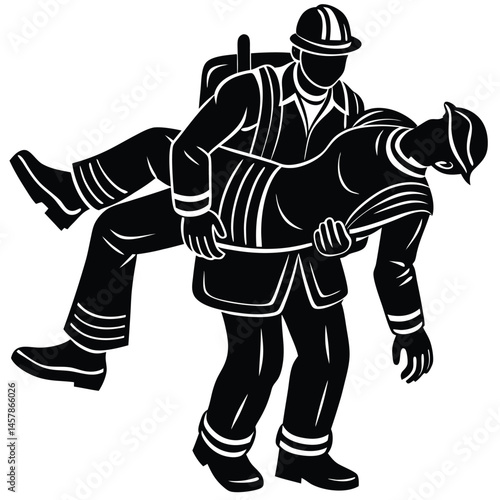Firefighter vector Silhouette illustration Firefighter carrying injured person
