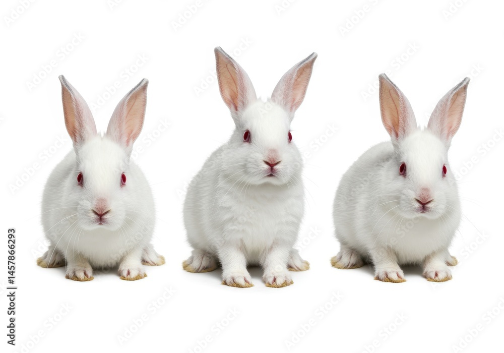 Obraz premium Three white rabbits sitting side by side with red eyes on a white background