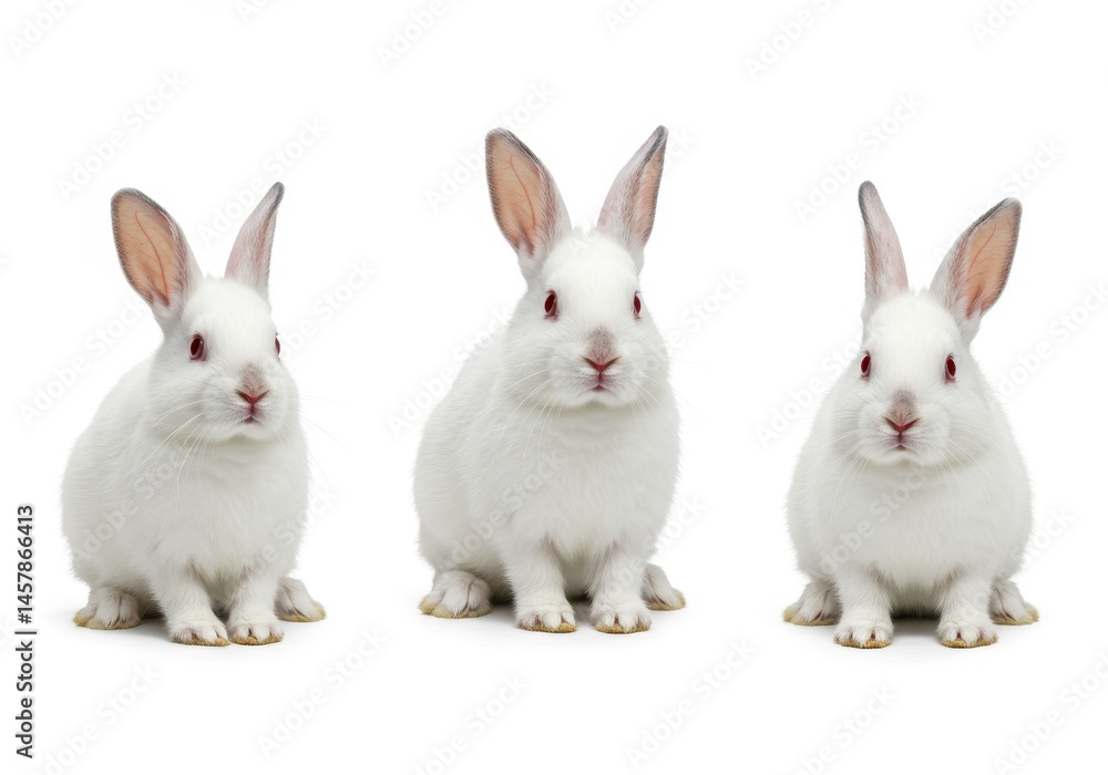 Three white rabbits sitting in a row against a white background in studio lighting Three white rabbits sitting in a row against a white background in studio lighting