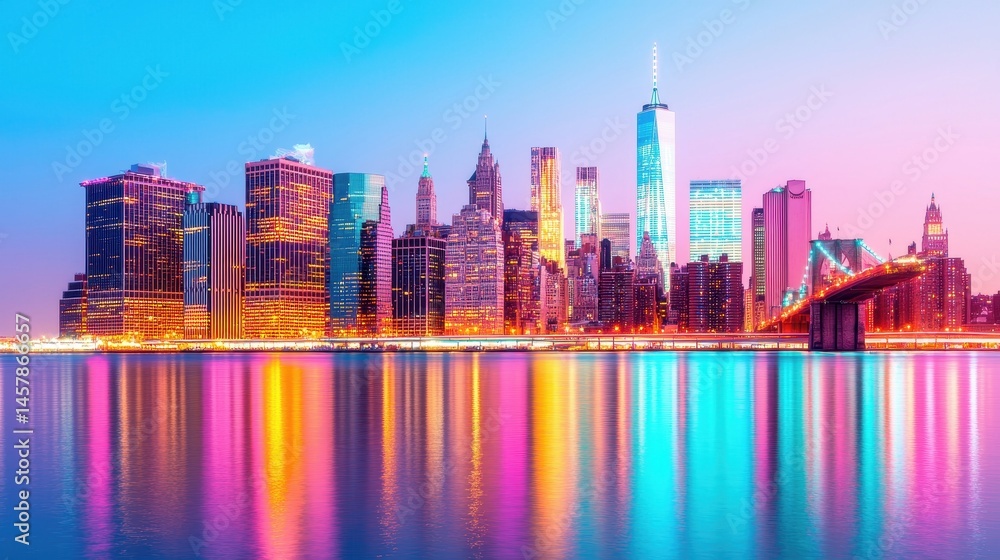 Obraz premium Stunning Manhattan Skyline at Twilight with Vibrant Reflections