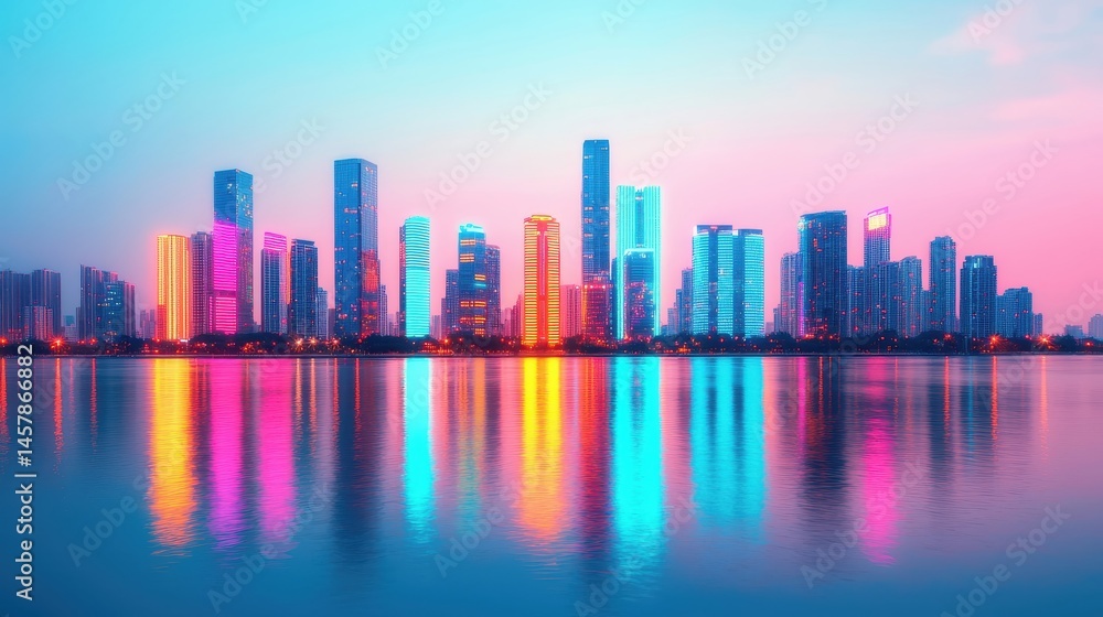 Obraz premium Vibrant City Skyline at Dusk with Colorful Reflections on Water