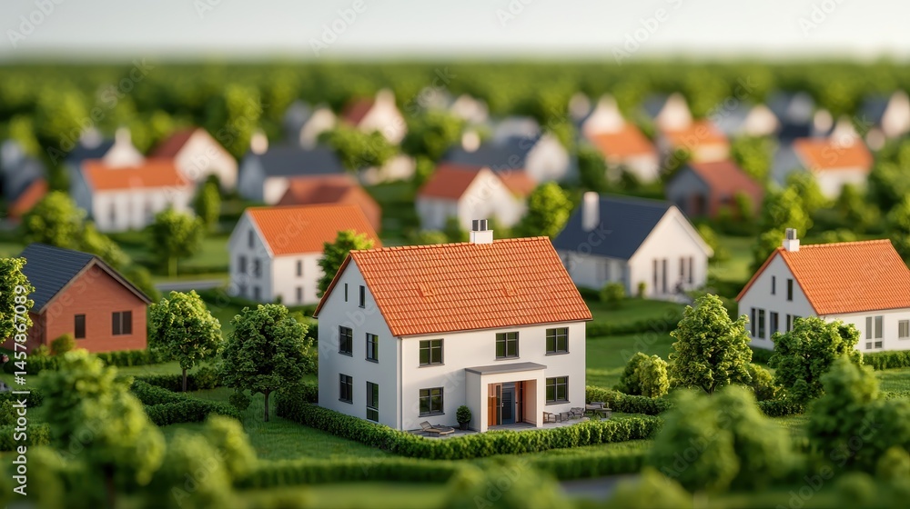 Miniature Model of Residential Neighborhood with Houses and Trees Miniature Model of Residential Neighborhood with Houses and Trees