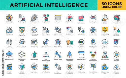 Artificial Intelligence icons set with ai technologies, text to image ai, text generation ai, image synthesis, prompt, art generation, image enhancement icon. Simple lineal color vector 
