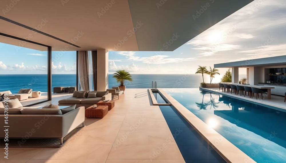 Open living room, infinity pool, ocean view, luxury bar, outdoor seating, ocean, morning Open living room, infinity pool, ocean view, luxury bar, outdoor seating, ocean, morning
