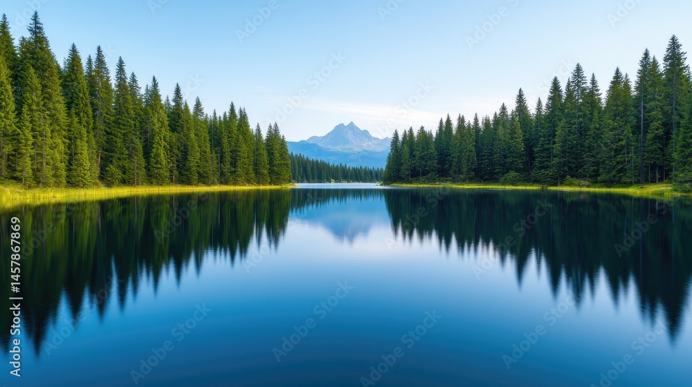 Obraz premium Serene Mountain Reflection in Calm Lake Surrounded by Pine Trees
