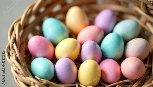 Pastel egg shapes on a woven basket background , hunt, decoration