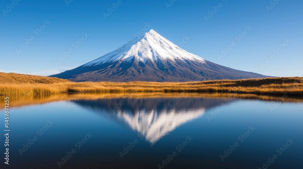 Fototapeta premium Snow-Capped Mountain with Reflection in Calm Lake Under Blue Sky