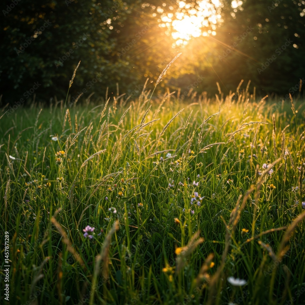 Obraz premium Sunset Sunlight Through Tall Grass Field