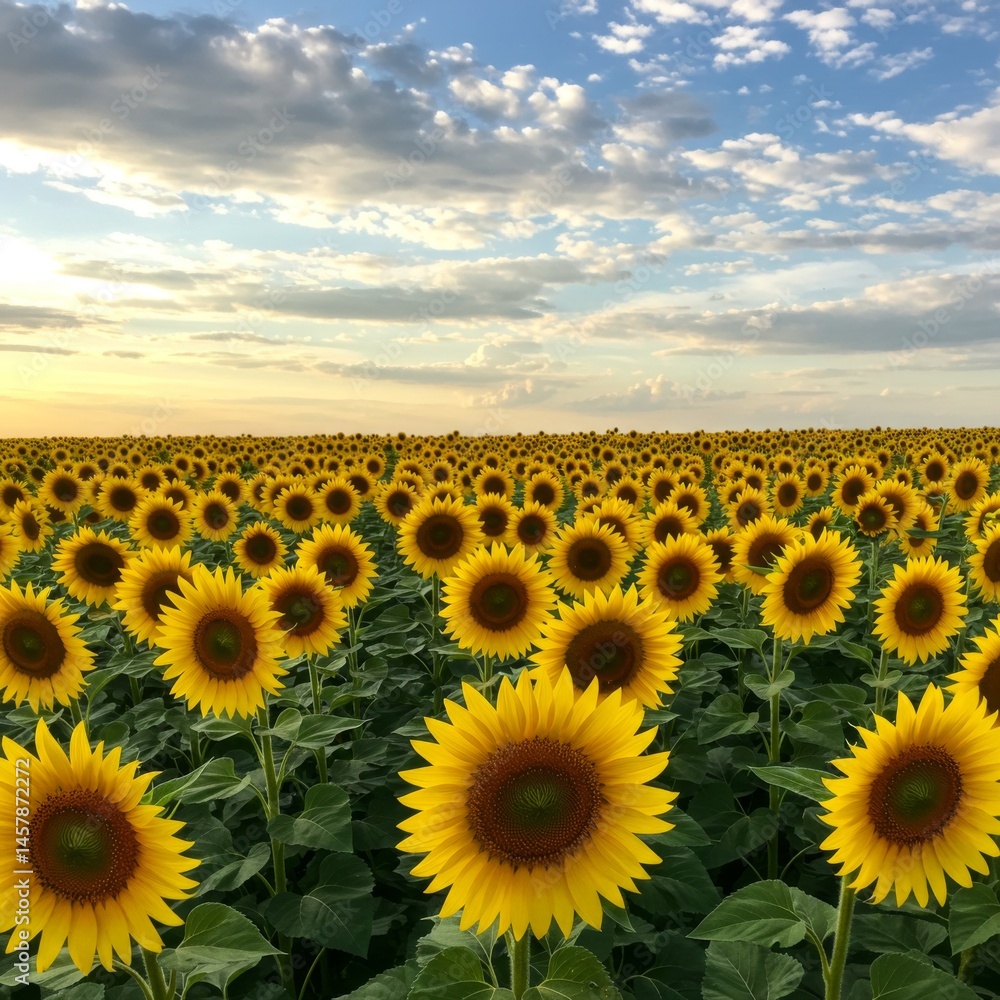 Fototapeta premium Vibrant Yellow Sunflower Field at Sunset