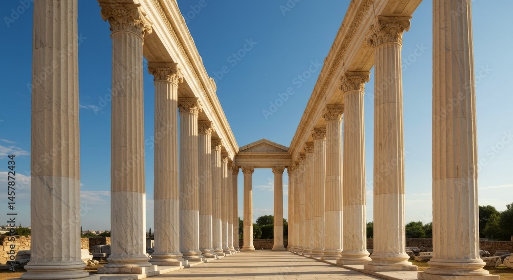 Obraz premium Ancient White Stone Temple Ruins Under Bright Sunlight