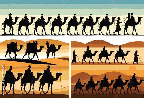 Camel Caravan Desert Silhouette Vector Illustration
