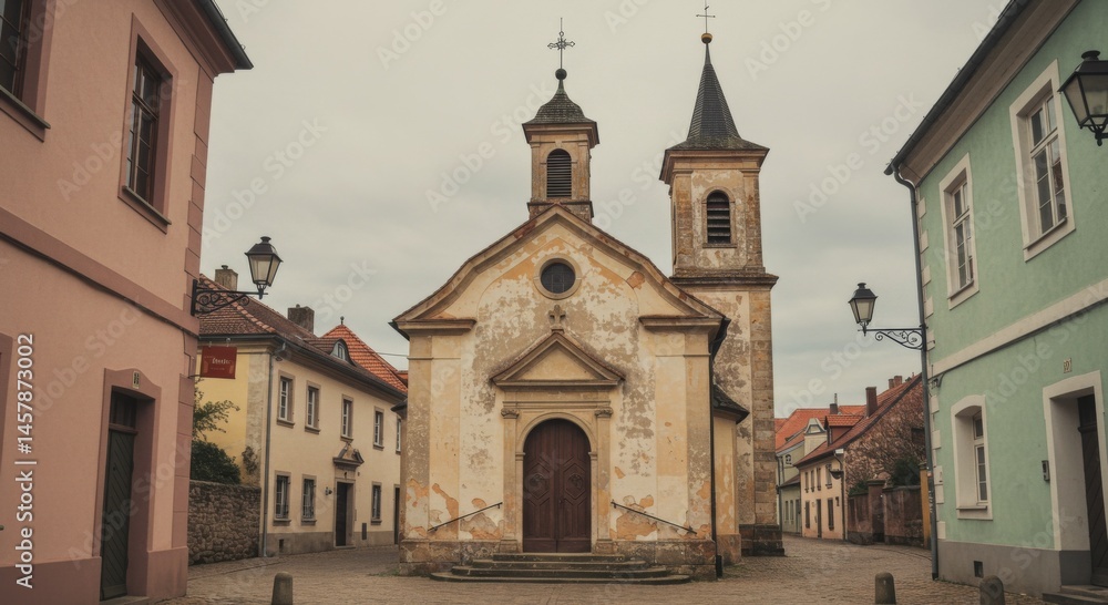Fototapeta premium Old Stone Church in European Town Square