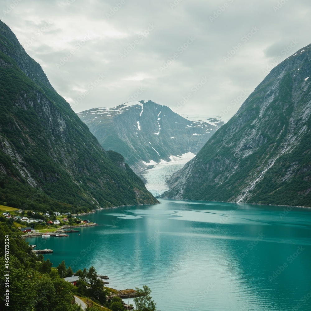 Fototapeta premium Serene Fjord Landscape with Glacier and Mountains