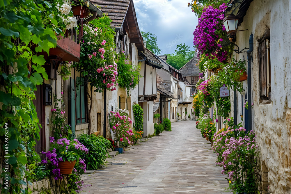 Fototapeta premium Picturesque village street with stone buildings and vibrant flowers on a cloudy day.