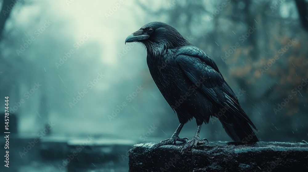 Fototapeta premium Monochromatic image of a bird standing attentively on a weathered tree stump in a serene forest.
