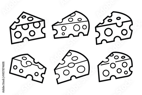 Set of six cheese wedges with holes outline style drawing