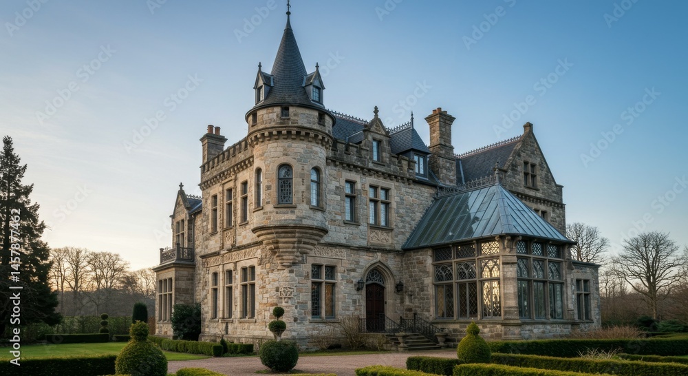 Grand Stone Castle with Turrets and Landscaped Gardens Grand Stone Castle with Turrets and Landscaped Gardens