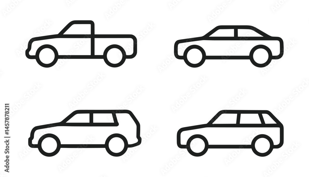 Fototapeta premium Four simple line drawings of cars vehicle outlines alone