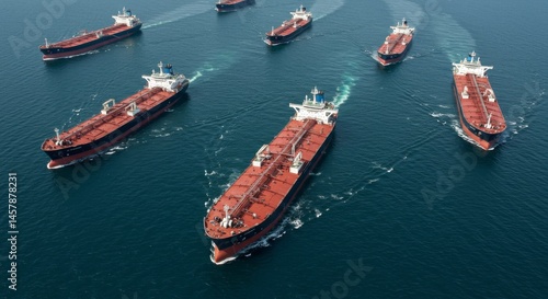 Aerial View of Red Oil Tankers on the Open Sea