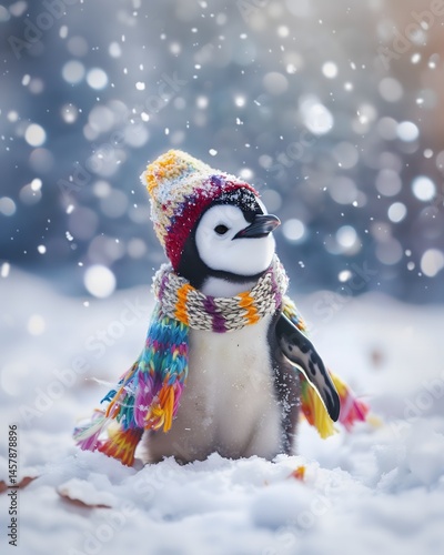Penguin in Winter Wonderland: An adorable penguin bundled up in a colorful knitted hat and scarf, stands amidst a gentle snowfall, creating a heartwarming winter scene.