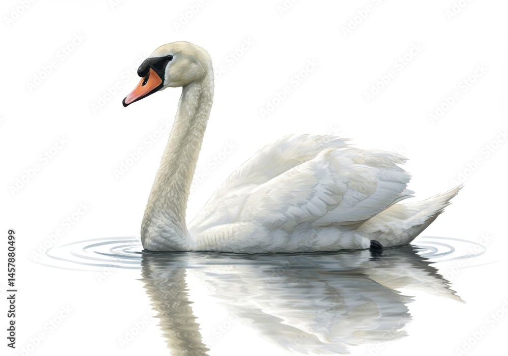 Fototapeta premium Elegant swan swimming gracefully in water with reflection on white background