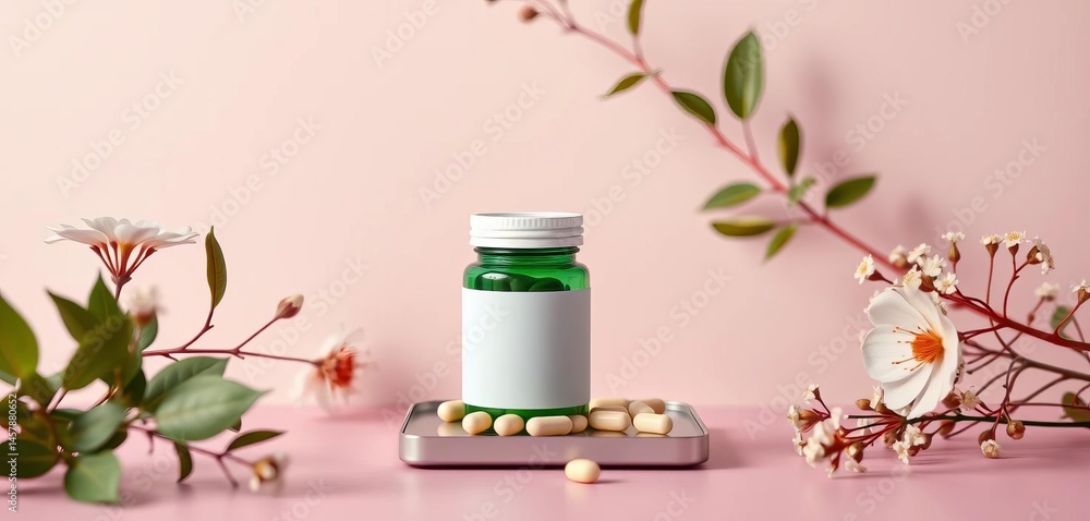 Pastel background, green supplement tablet, bottle, delicate plant, vitamins, spring Pastel background, green supplement tablet, bottle, delicate plant, vitamins, spring