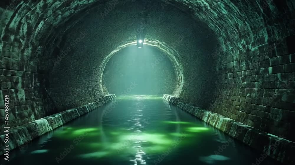 Dark tunnel with glowing water and light reflections