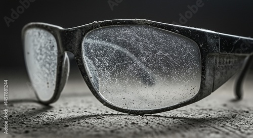 Close-up view of heavily soiled and scratched safety glasses resting on a dusty, textured surface, showing wear and tear from use.