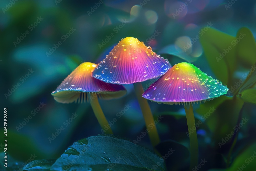 Fototapeta premium Close-up of Colorful Mushrooms with Water Droplets in a Lush Forest Setting Macro Photography