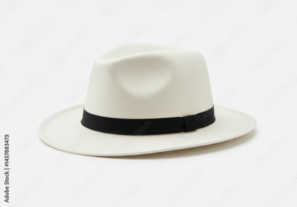 White fedora hat with black band on white background, studio shot White fedora hat with black band on white background, studio shot