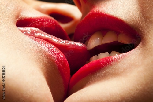 Intimate Kiss with Red Lipstick, Close Up