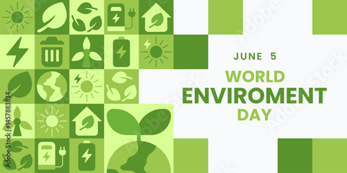 World Environment Day illustration background for web template, landing page with geometric nature mosaic