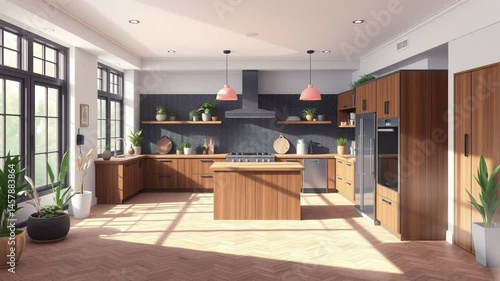 Wallpaper Mural Modern Wooden Kitchen Interior with Island, Pendant Lights, and Large Windows in Daylight Torontodigital.ca