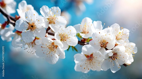 Blossoming apricot tree branches under blue sky with sunlight concept. Beautiful white flowers blooming against a serene blue backdrop.
